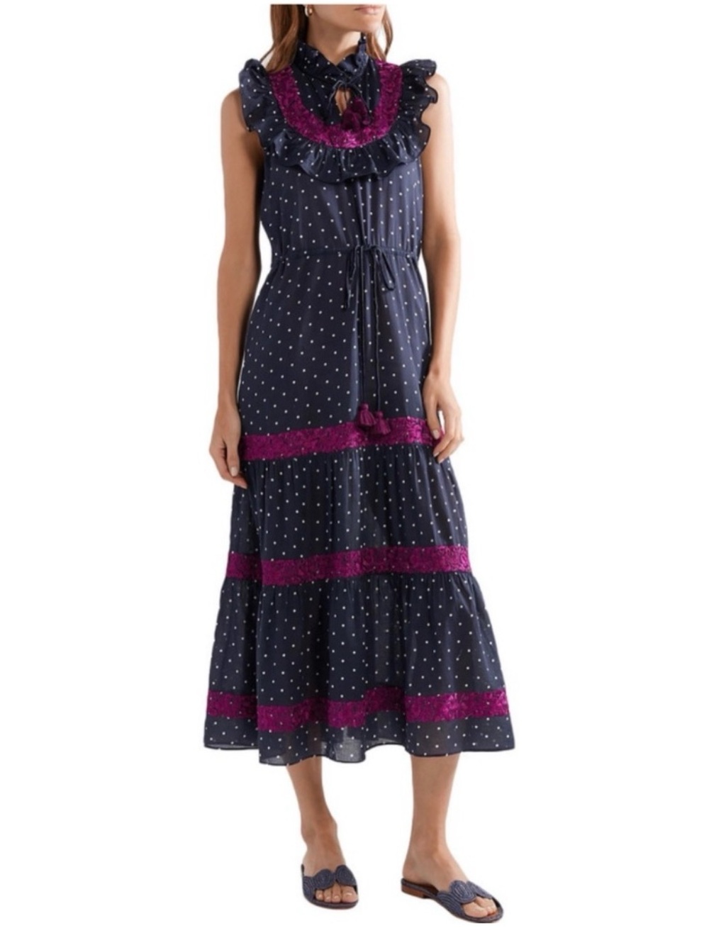 Figue Polka Dot Midi Dress Sash Tie Front Embroidered Accent Blue Large READ